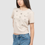 Tricou femei crem cu aplicații fluturi, croială lejeră