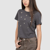 Tricou femei gri cu aplicații fluturi, croială cropped