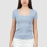 Tricou femei albastru tricotat cu model perforat și decolteu rotund