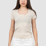 Tricou femei crem tricotat cu model perforat și decolteu rotund