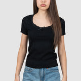 Tricou femei negru tricotat cu model perforat și decolteu rotund