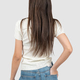 Tricou femei alb tricotat cu model perforat și decolteu rotund