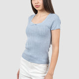 Tricou femei albastru tricotat cu model perforat și decolteu rotund