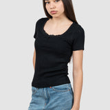 Tricou femei negru tricotat cu model perforat și decolteu rotund