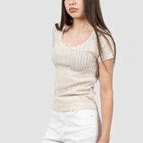 Tricou femei crem tricotat cu model perforat și decolteu rotund