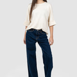 Pantaloni femei denim croială largă talie medie albastru