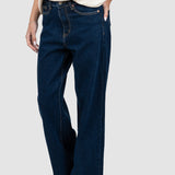 Pantaloni femei denim croială largă talie medie albastru
