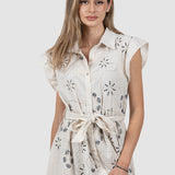 Rochie lungă de vară tip cămașă cu broderie crem/negru