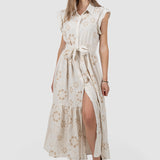 Rochie lungă de vară tip cămașă cu broderie crem