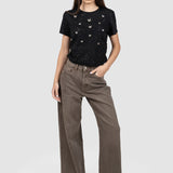 Pantaloni femei denim croială largă talie medie maro
