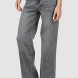 Pantaloni femei denim croială largă talie medie gri