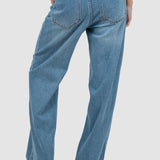 Pantaloni femei denim croială largă talie medie albastru