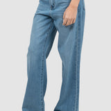 Pantaloni femei denim croială largă talie medie albastru