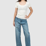 Pantaloni femei denim croială largă talie medie albastru