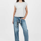 Pantaloni femei denim croială largă cu șnur talie albastru