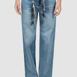 Pantaloni femei denim croială largă cu șnur talie albastru