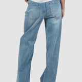 Pantaloni femei denim croială largă cu șnur talie albastru