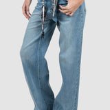 Pantaloni femei denim croială largă cu șnur talie albastru