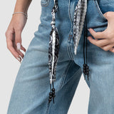 Pantaloni femei denim croială largă cu șnur talie albastru