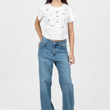 Pantaloni femei denim croială largă talie medie bleumarin