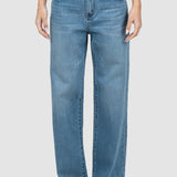 Pantaloni femei denim croială largă talie medie bleumarin