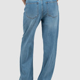 Pantaloni femei denim croială largă talie medie bleumarin