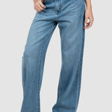 Pantaloni femei denim croială largă talie medie bleumarin
