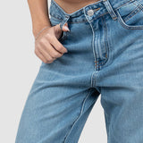 Pantaloni femei denim croială largă talie medie bleumarin