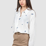 Cămașă femei cu broderie florală alb-bleumarin