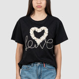 Tricou femei negru cu aplicație inimă brodată și text decorativ