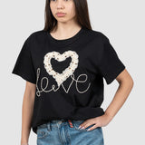 Tricou femei negru cu aplicație inimă brodată și text decorativ