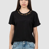 Tricou femei negru cu aplicație colier decorativ la guler