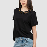 Tricou femei negru cu aplicație colier decorativ la guler