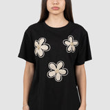 Tricou femei negru cu aplicații florale brodate, croială lejeră