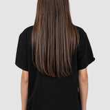 Tricou femei negru cu aplicații florale brodate, croială lejeră