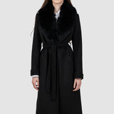Palton damă negru cu guler din blană și cordon