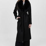 Palton damă negru cu guler din blană și cordon