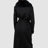 Palton damă negru cu guler din blană și cordon