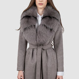 Palton damă gri cu guler din blană și cordon