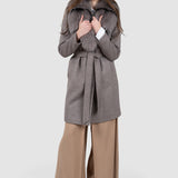 Palton damă gri cu guler din blană și cordon