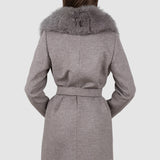 Palton damă gri cu guler din blană și cordon