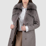 Palton damă gri cu guler din blană și cordon