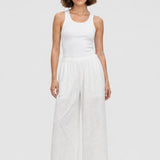 Pantaloni damă din bumbac brodat alb cu croială wide leg