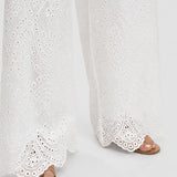 Pantaloni damă din bumbac brodat alb cu croială wide leg