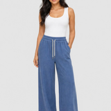 Pantaloni damă din amestec de in cu croială wide leg albaștri