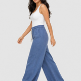 Pantaloni damă din amestec de in cu croială wide leg albaștri