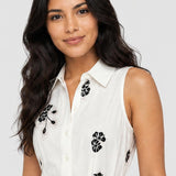 Rochie damă midi fără mâneci cu broderie florală crem/bleumarin