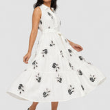 Rochie damă midi fără mâneci cu broderie florală crem/bleumarin