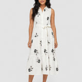 Rochie damă midi fără mâneci cu broderie florală crem/bleumarin