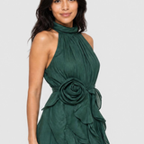 Rochie damă maxi cu guler halter și volane verde
